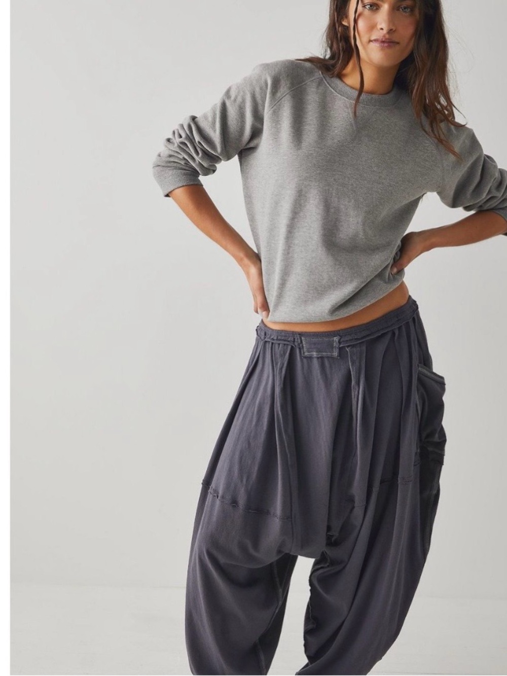 Free People Movement Gray Harem Pants Medium Drop Crotch Joggers Slouchy Lounge